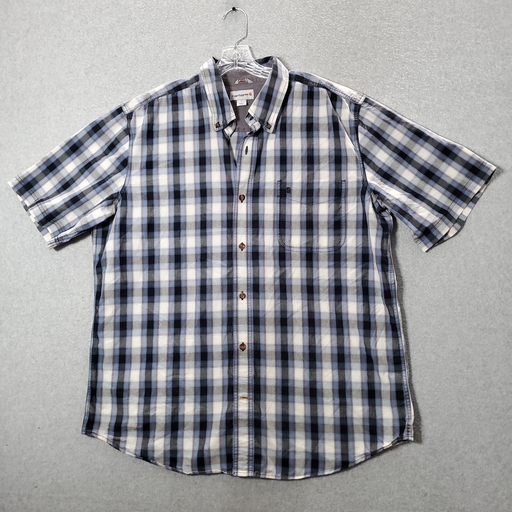 Carhartt‎ Men Button Up Shirt XL Blue Plaid Pockets Short Sleeve Collar Relaxed